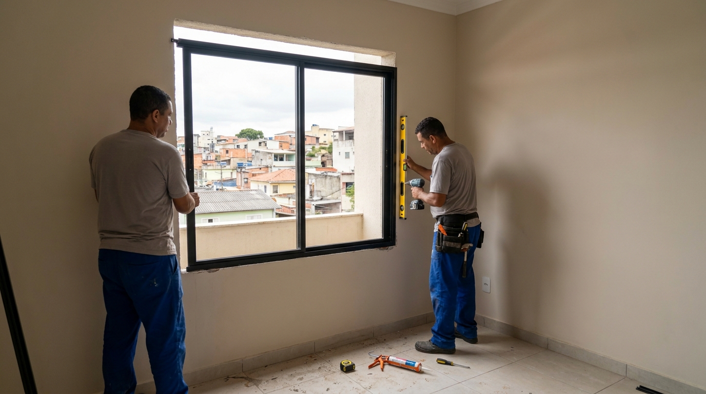 Esquadria de alumínio em quarto bege em Sorocaba-SP