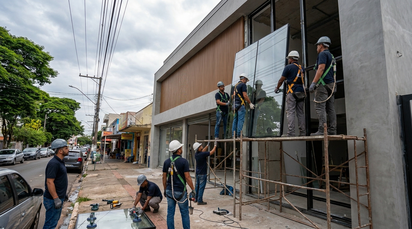 Fachada de vidro com andaime lateral em Sorocaba-SP