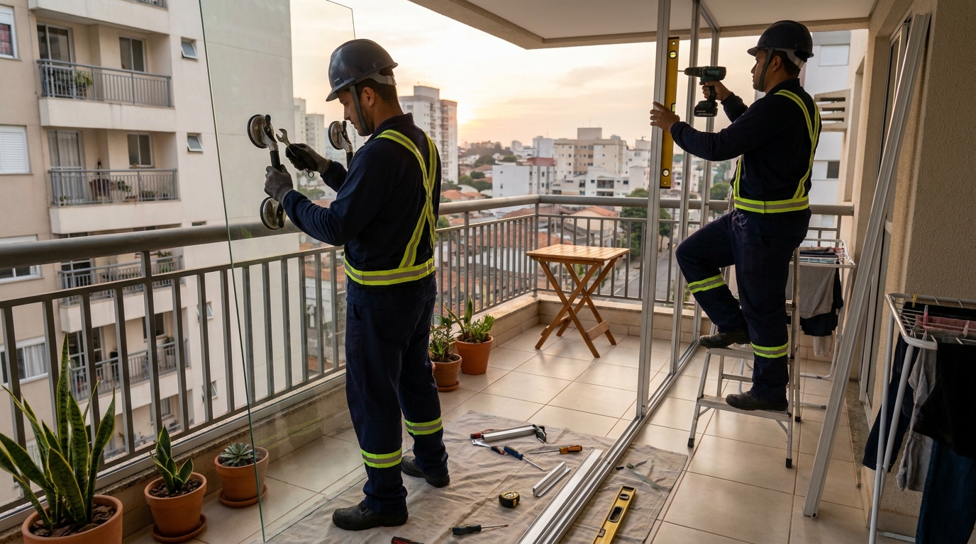 Instalação de parede de vidro em sacada em Sorocaba-SP
