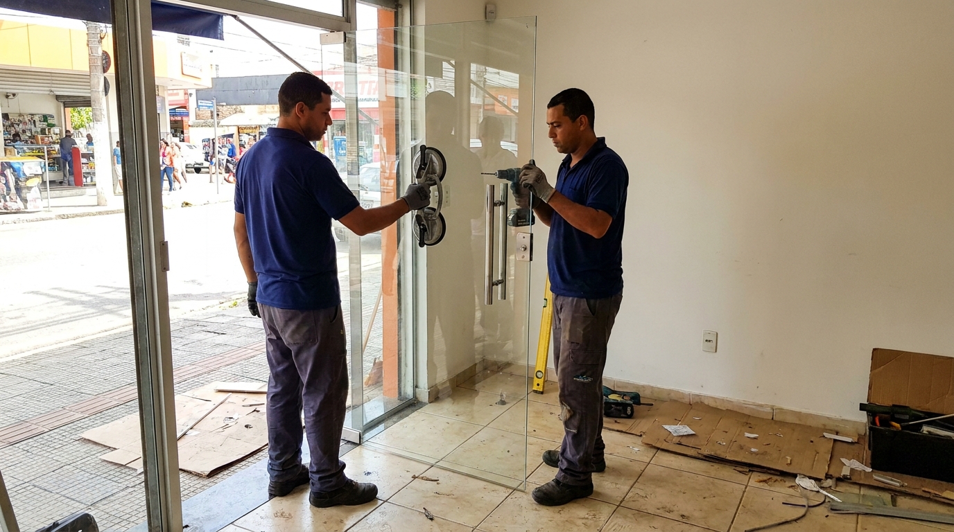 Porta de vidro de loja em rua movimentada em Sorocaba-SP
